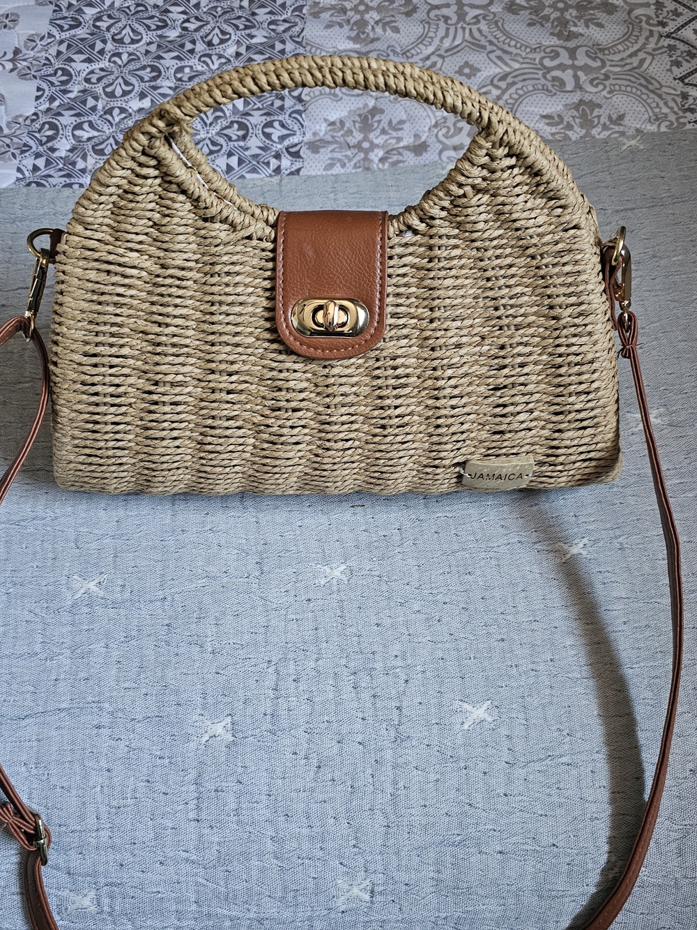 Woven Straw Crossbody Bag with Tan Leather Trim